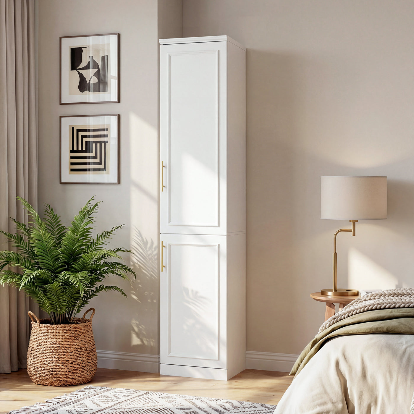 40 cm Modern White Compact Wardrobe with Dual Doors, Golden Handles and Multiple Storage Sections