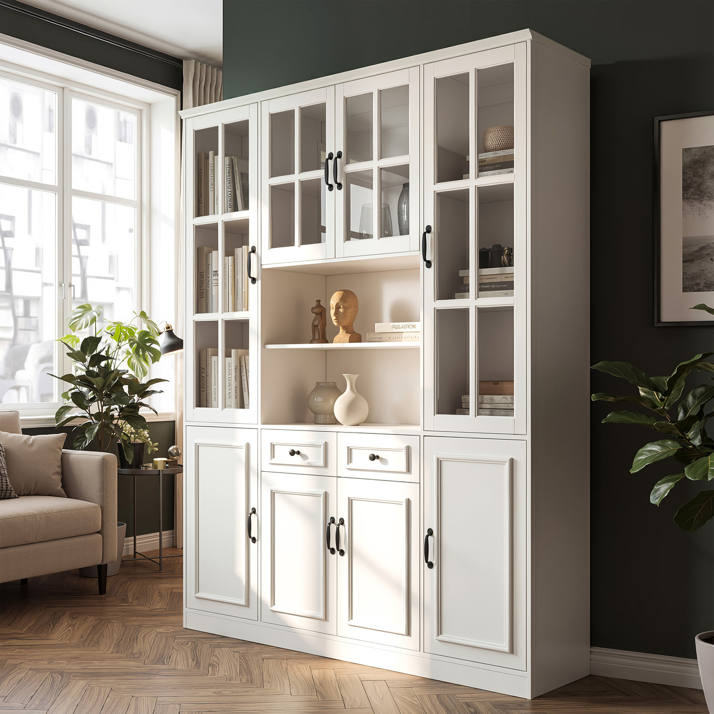 160 cm Modern White 2-Drawer Bookcase with Glass Doors