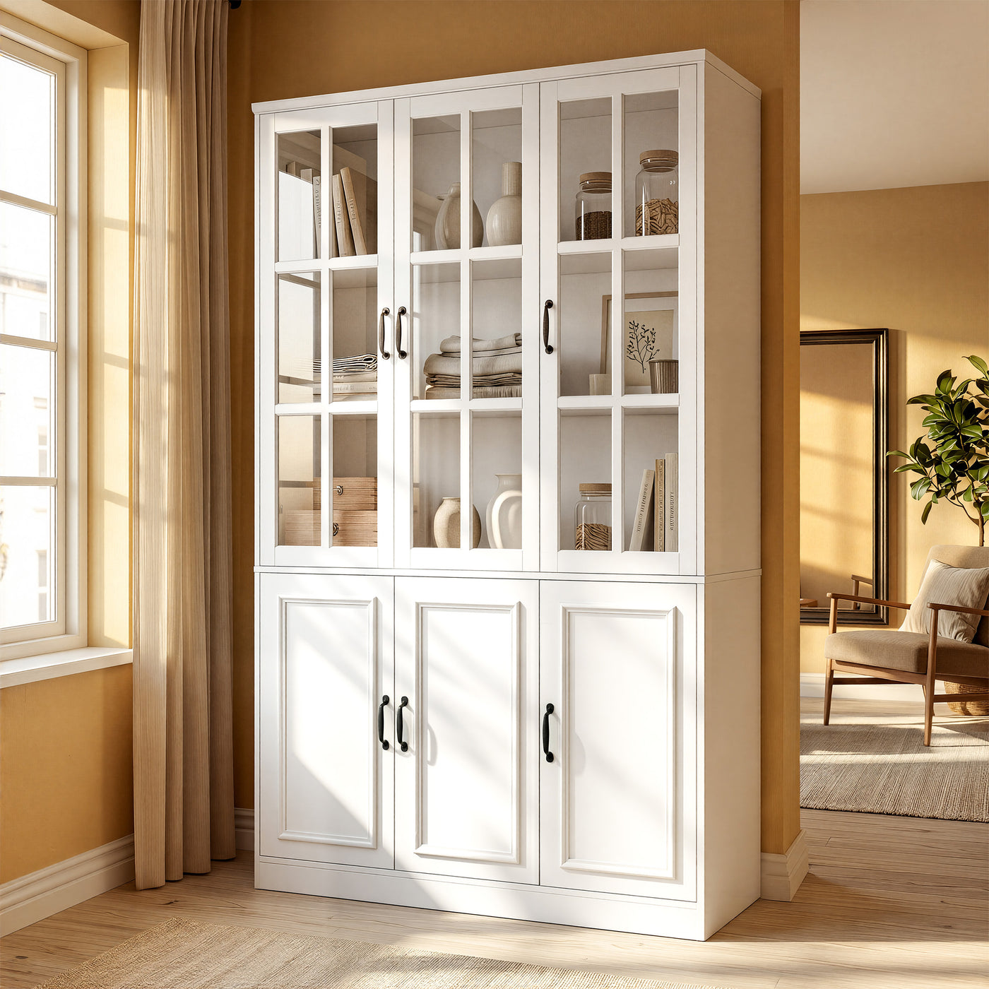 120 cm Modern White Freestanding Wood Bookcase with 3 Glass Doors