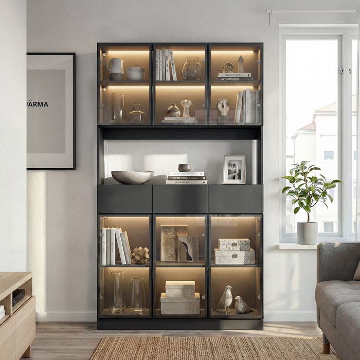 120 cm Modern White/Black Bathroom Linen Cabinet with LED Lights and Glass Doors