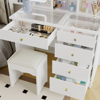 Table de toilette moderne blanche de 39,4 pouces, coiffeuse avec grand miroir coulissant éclairé et 5 tiroirs, étagères cachées