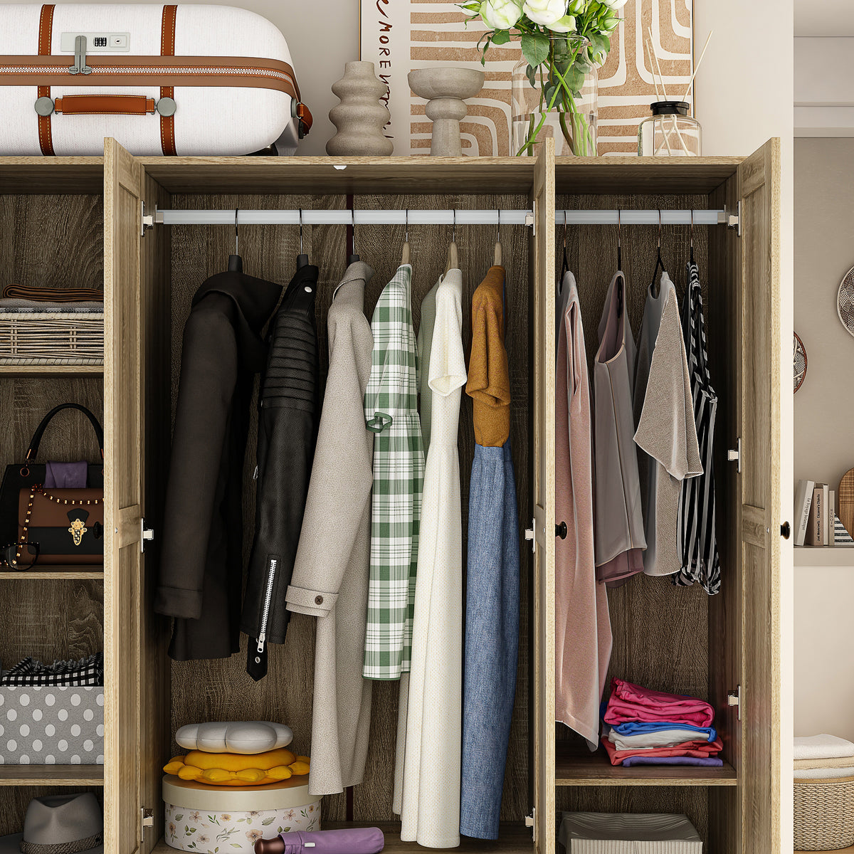 160 cm Rustic 4-Door Wardrobe Armoire with Rattan Paneling, 6 Drawers & 2 Hanging Rods