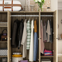 Armoire rustique à 4 portes de 160 cm avec panneaux en rotin, 6 tiroirs et 2 tringles de suspension