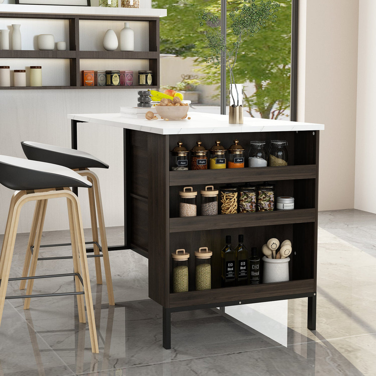 55,1 pouces Îlot de cuisine moderne marron foncé avec dessus en bois massif et manufacturé