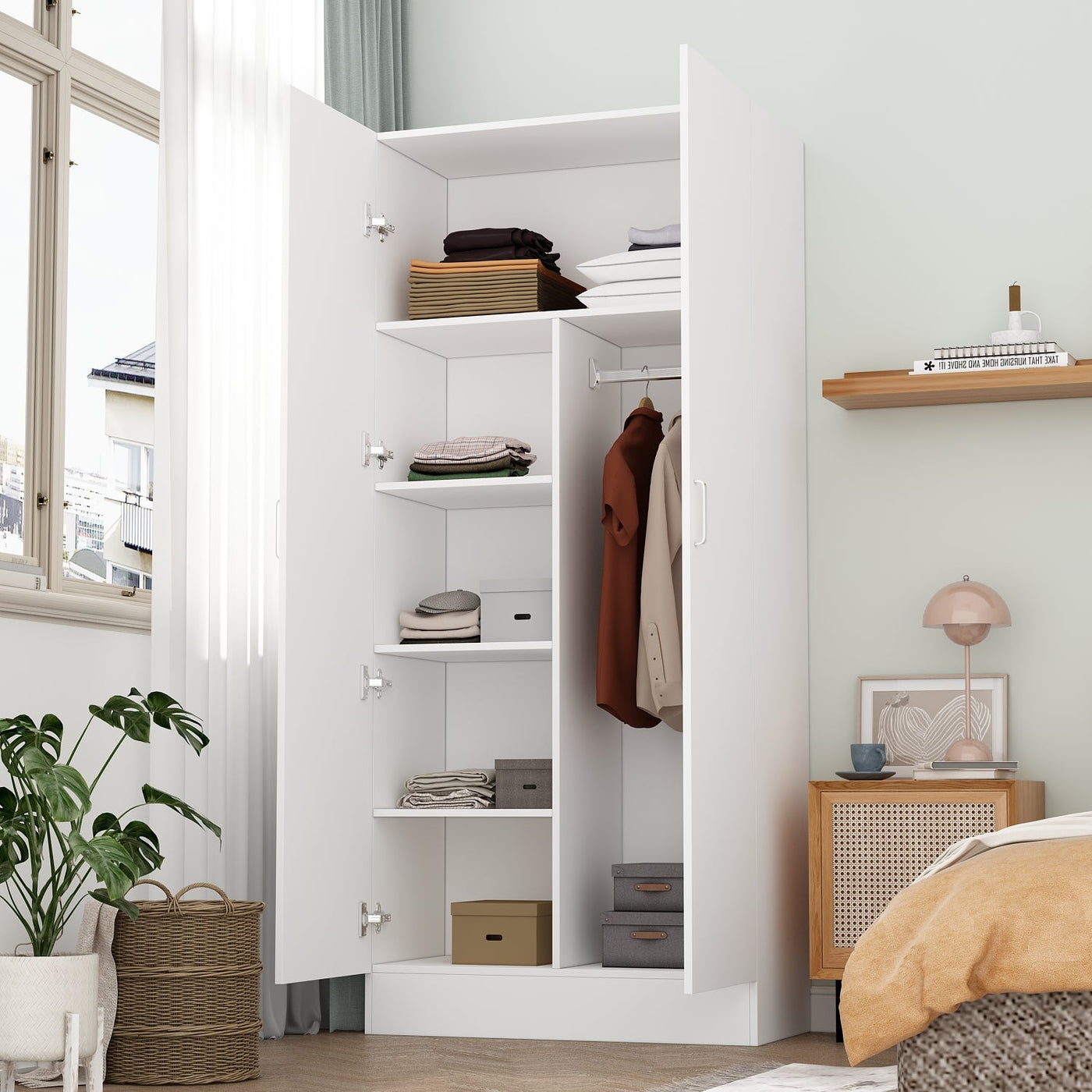 Armoire de penderie moderne blanche à 5 niveaux avec 2 portes de 80 cm