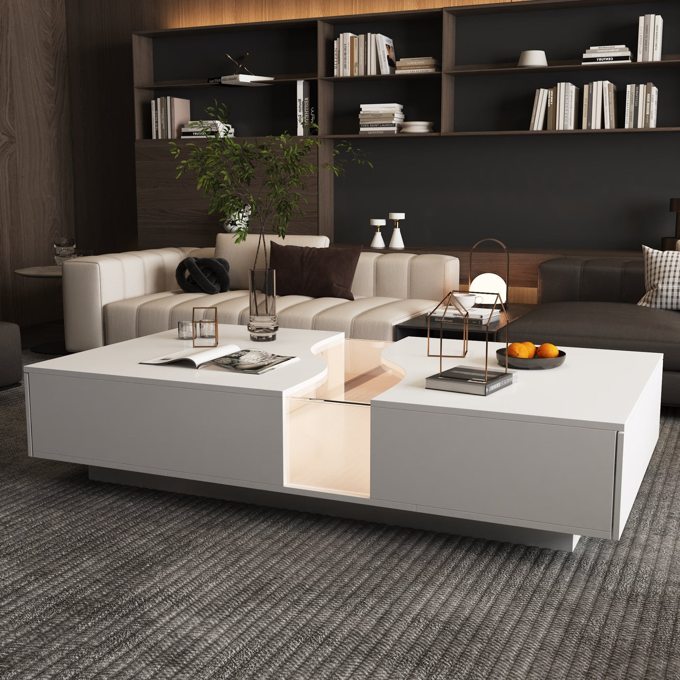 140 cm Modern Minimalist White Coffee Table With Light And Glass Finish In The Middle
