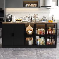 197cm Modern Elegant Black Kitchen Island with Glass Door, 3 Drawers and Lights