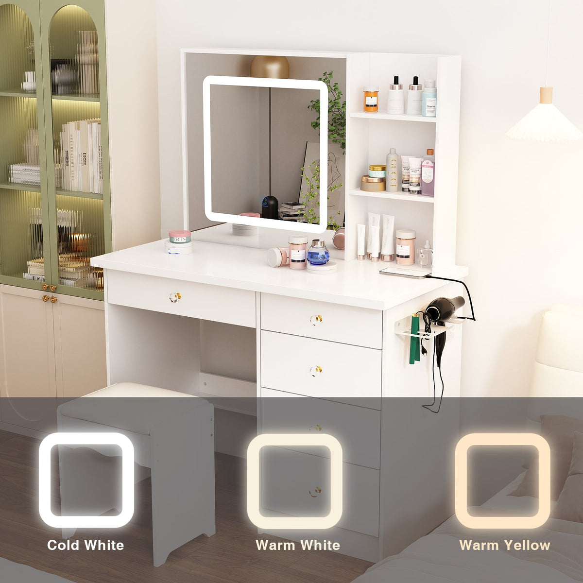 Coiffeuse moderne et minimaliste blanche de 100 cm avec miroir lumineux et prise