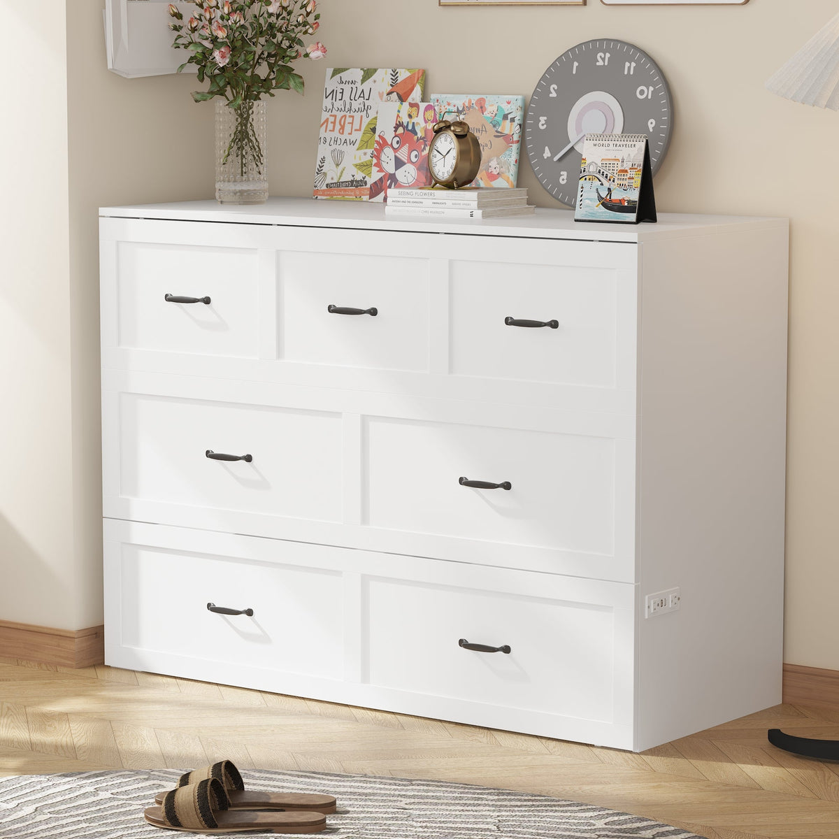 Lit escamotable blanc moderne et minimaliste de 157 cm avec prises électriques