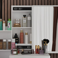 90 cm Modern White/Black Vanity Set with Sliding Mirror, 4 Drawers, Shelves and Cushioned Stool