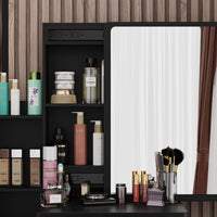 90 cm Modern White/Black Vanity Set with Sliding Mirror, 4 Drawers, Shelves and Cushioned Stool