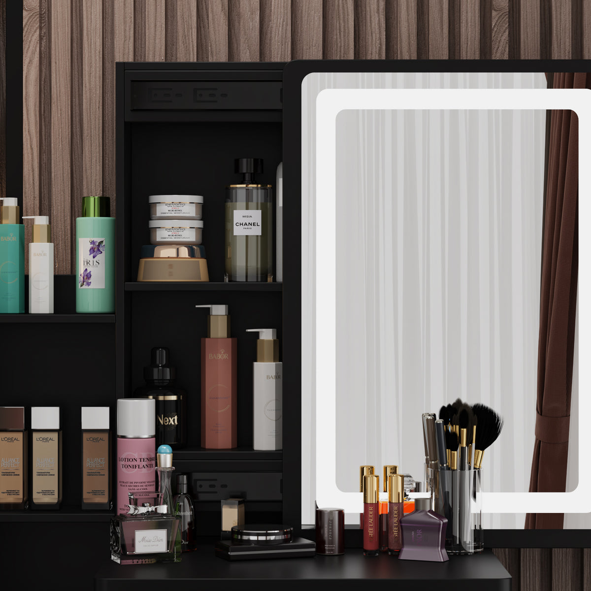 90 cm Modern White/Black Vanity Set with Sliding Mirror, 4 Drawers, Shelves and Cushioned Stool