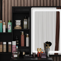 90 cm Modern White/Black Vanity Set with Sliding Mirror, 4 Drawers, Shelves and Cushioned Stool