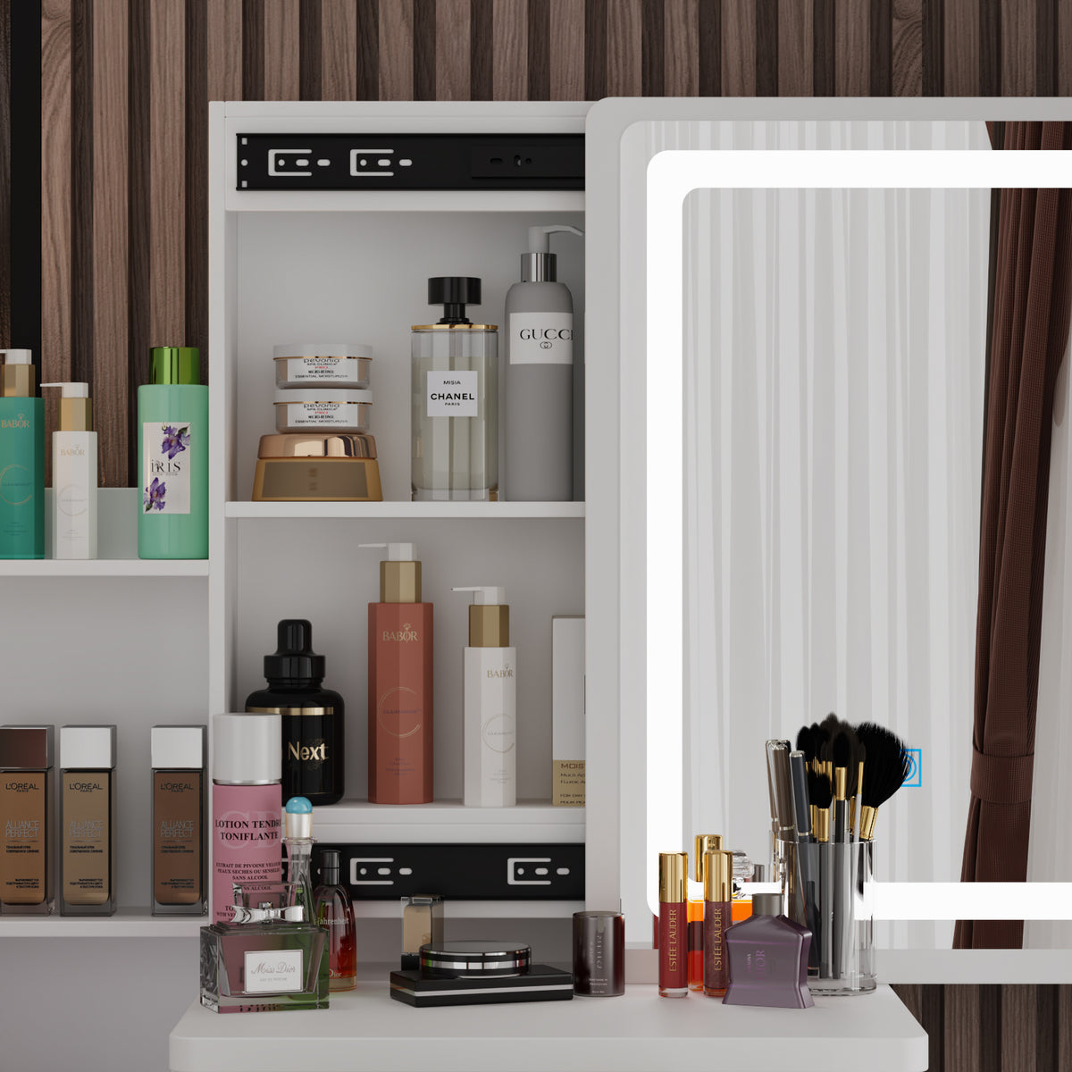 90 cm Modern White/Black Vanity Set with Sliding Mirror, 4 Drawers, Shelves and Cushioned Stool