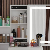 90 cm Modern White/Black Vanity Set with Sliding Mirror, 4 Drawers, Shelves and Cushioned Stool