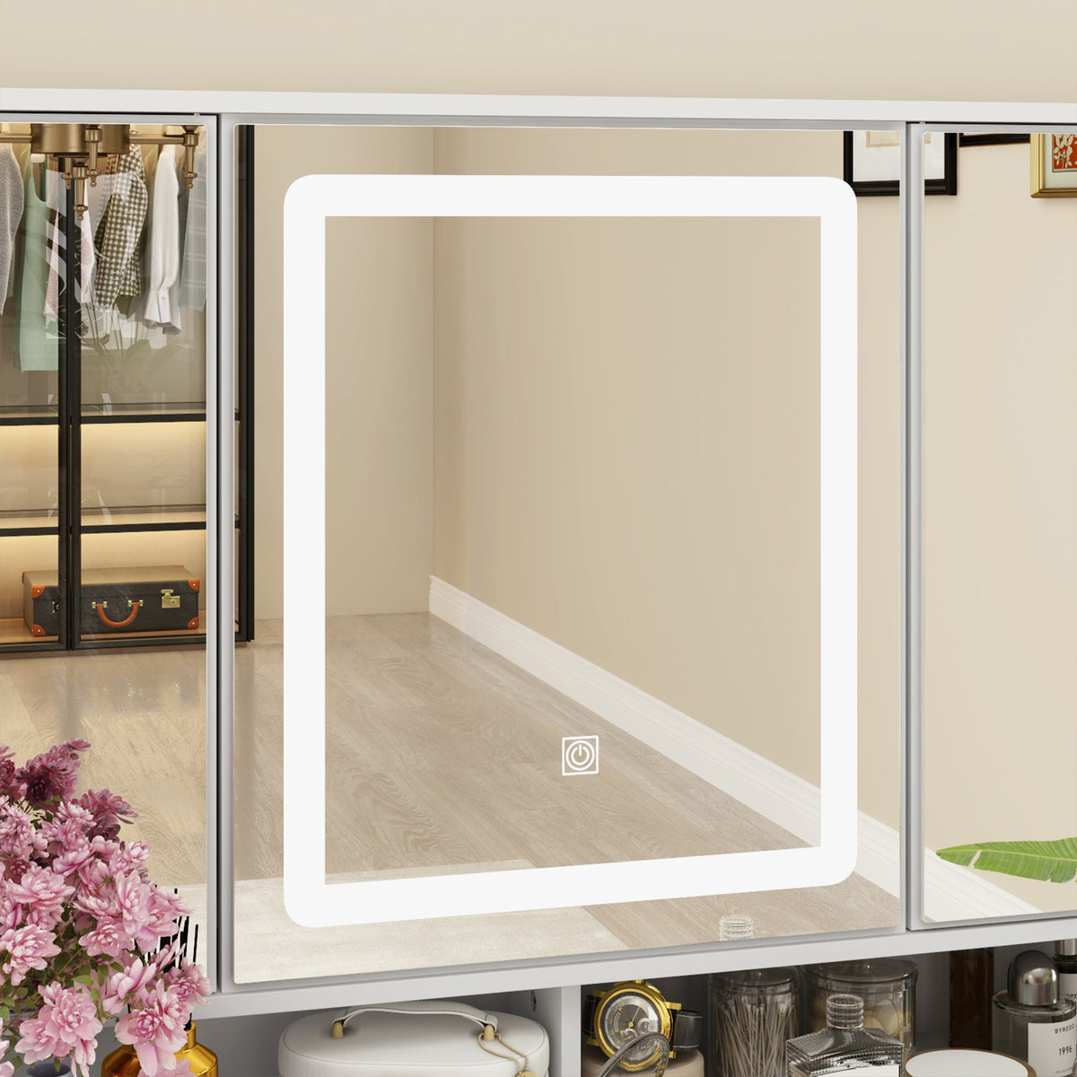 Coiffeuse moderne et minimaliste blanche de 110 cm avec tiroirs et lampe