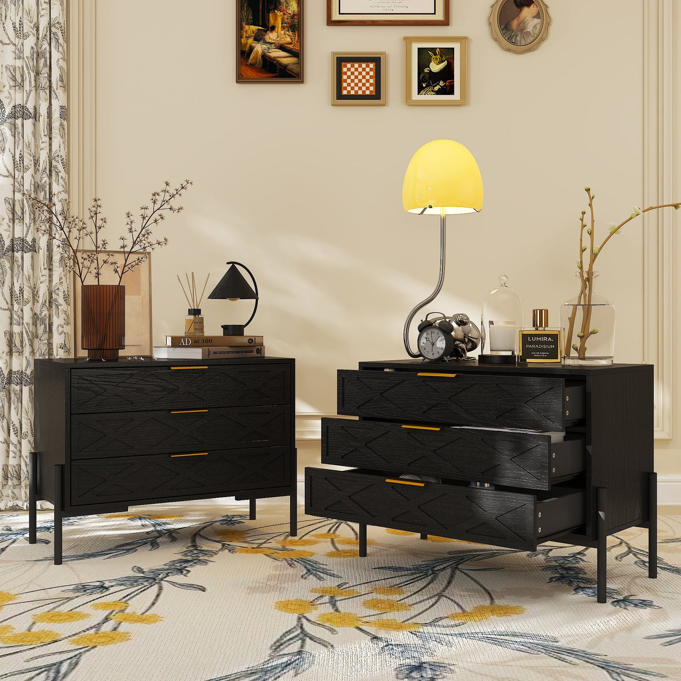 80 cm Modern Black 3-Drawer Nightstand with Metal Legs