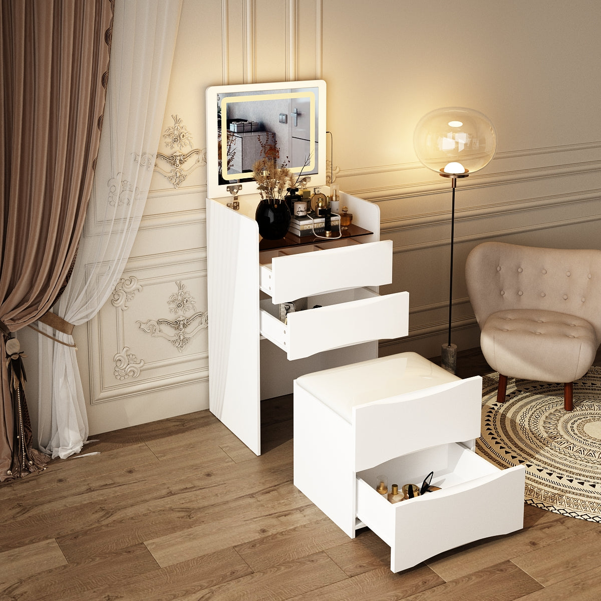 Coiffeuse moderne blanche de 47,5 cm avec lumières et miroir rabattable