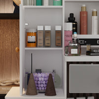 90 cm Modern White/Black Vanity Set with Sliding Mirror, 4 Drawers, Shelves and Cushioned Stool