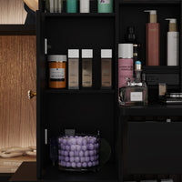 90 cm Modern White/Black Vanity Set with Sliding Mirror, 4 Drawers, Shelves and Cushioned Stool