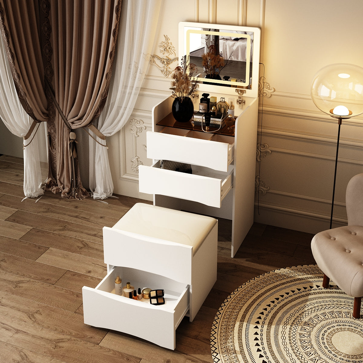 Coiffeuse moderne blanche de 47,5 cm avec lumières et miroir rabattable