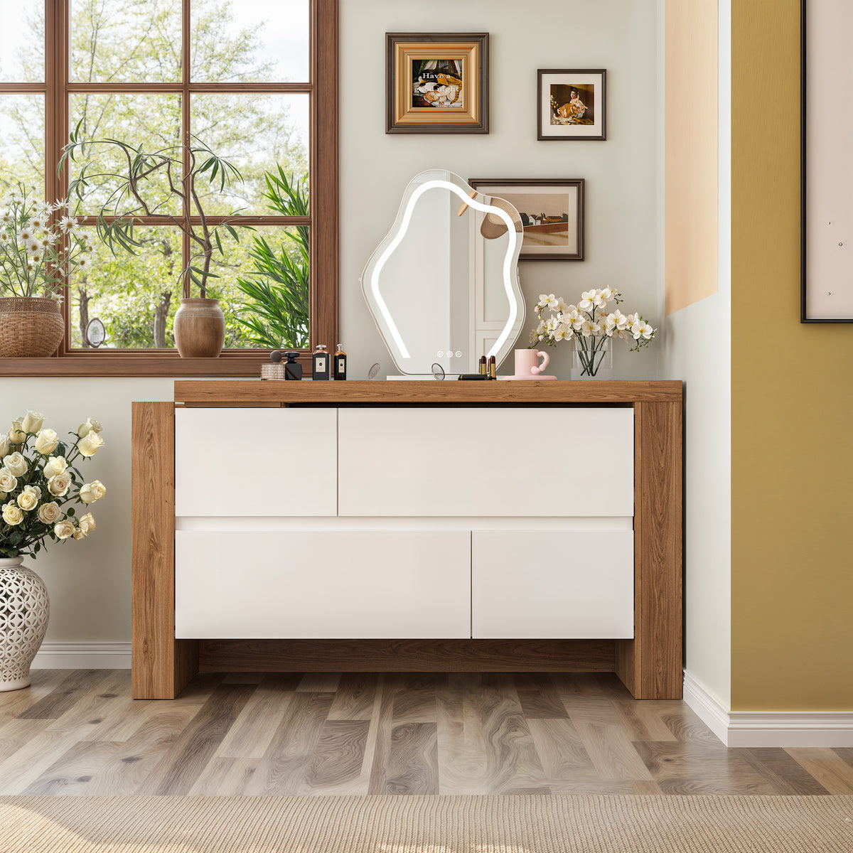 Meuble-lavabo moderne en L de 100 cm avec commode à 4 tiroirs