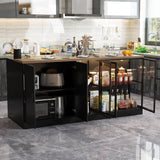 Îlot de cuisine moderne élégant noir 197 cm avec porte vitrée 3 tiroirs lumineux double face
