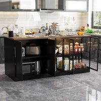 197cm Modern Elegant Black Kitchen Island with Glass Door, 3 Drawers and Lights