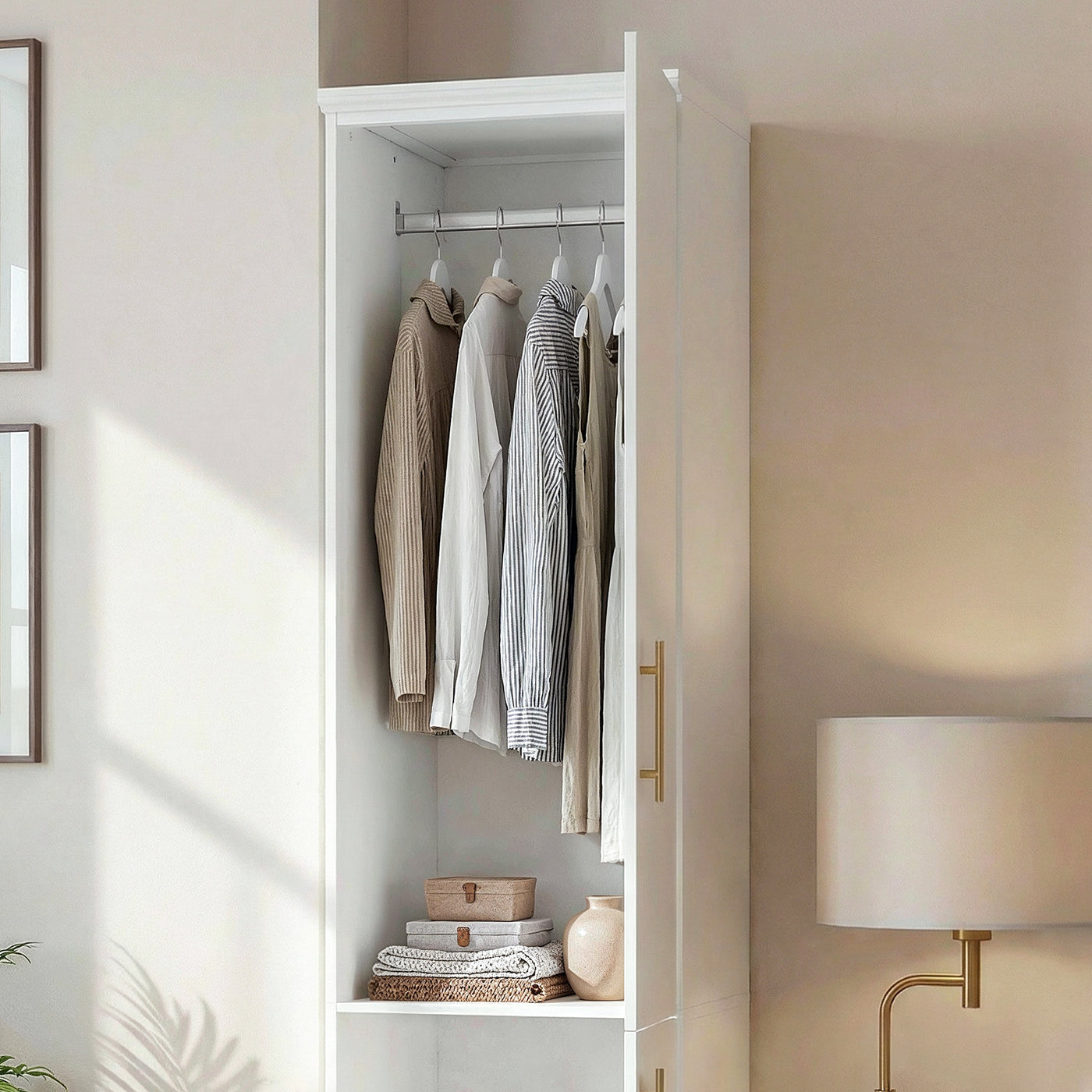 40 cm Modern White Compact Wardrobe with Dual Doors, Golden Handles and Multiple Storage Sections