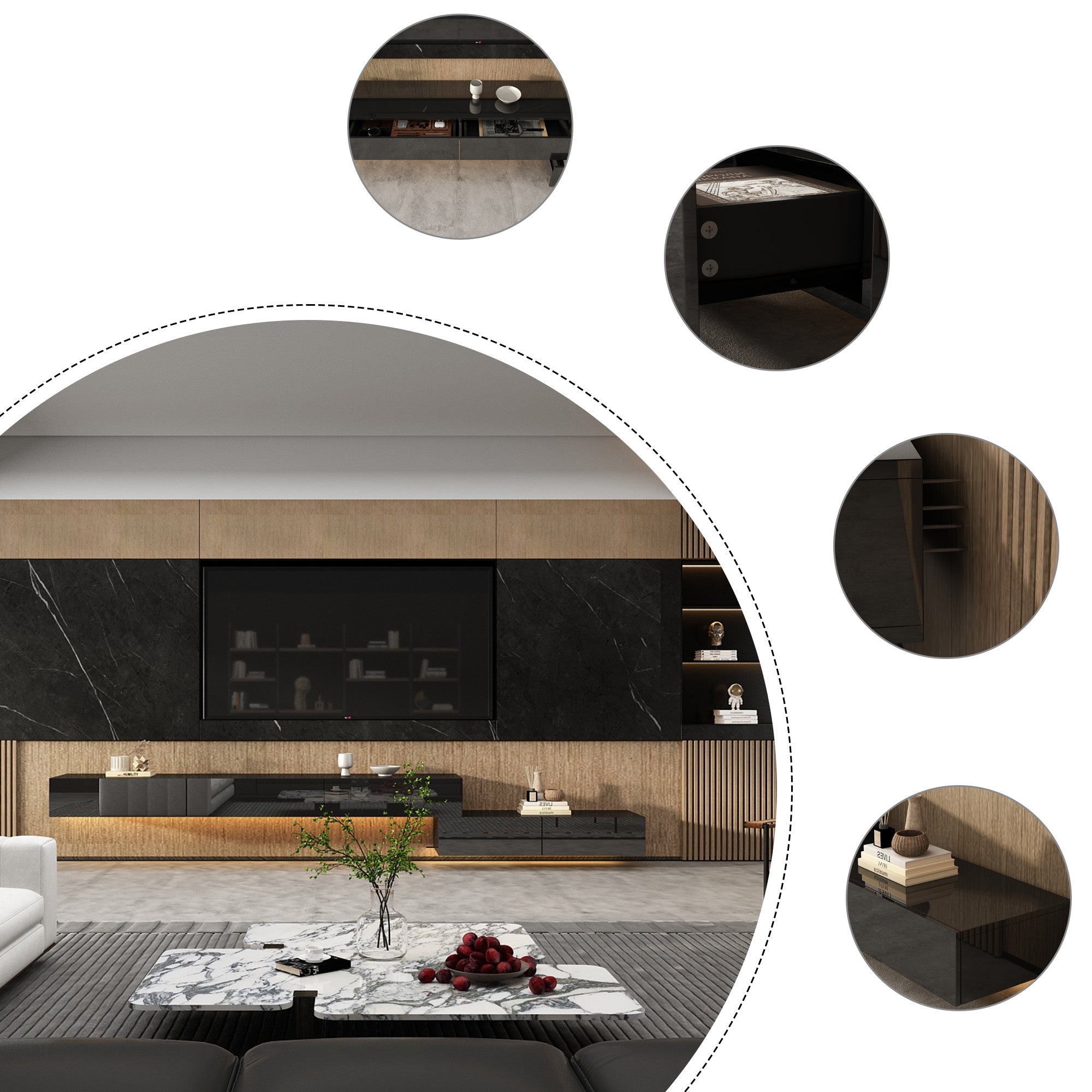 Meuble TV moderne et minimaliste noir 240 cm, mural et modulable, avec LED