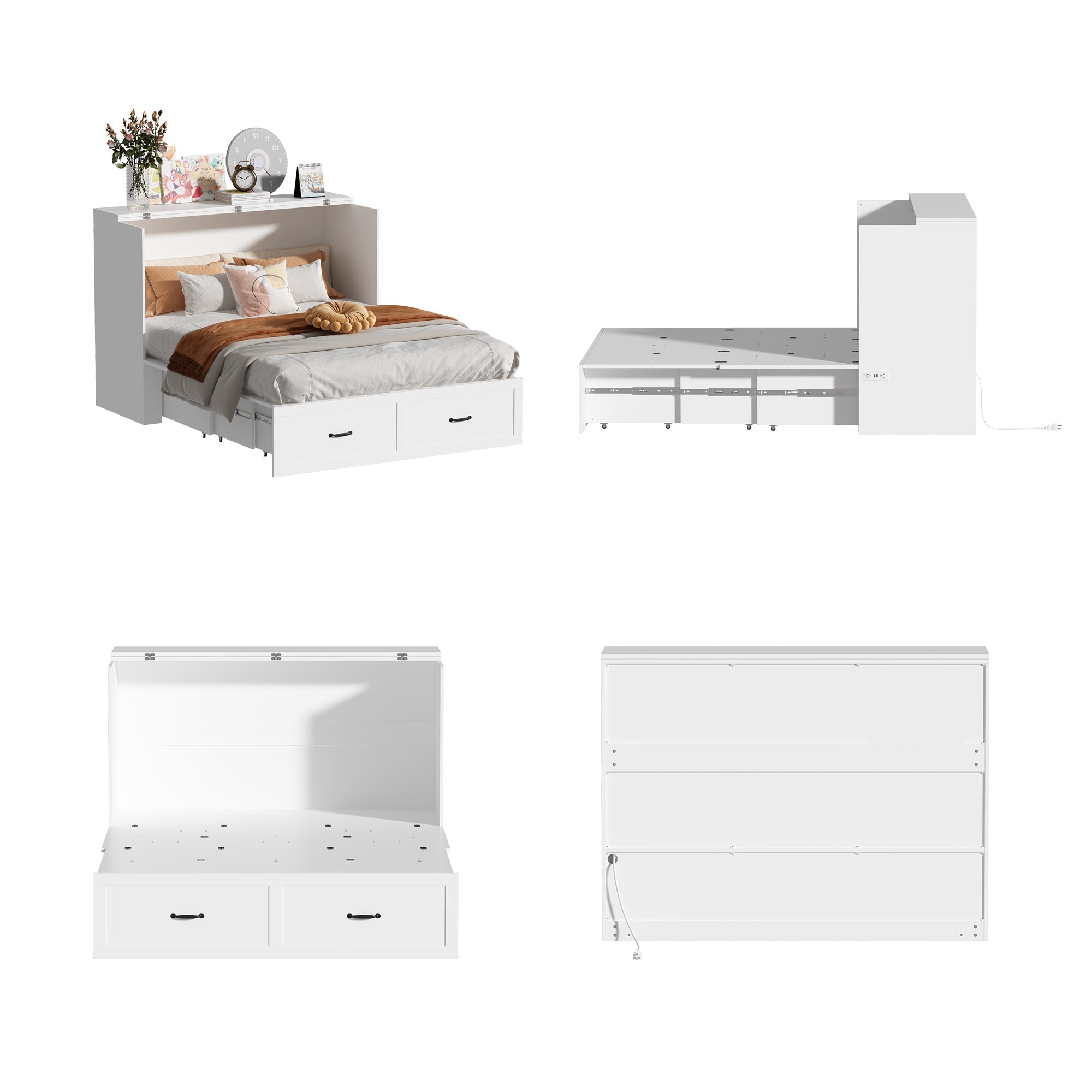 Lit escamotable blanc moderne et minimaliste de 157 cm avec prises électriques