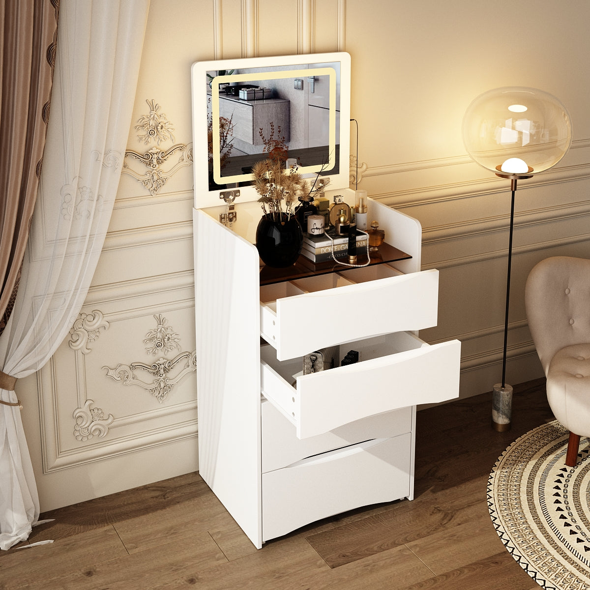 Coiffeuse moderne blanche de 47,5 cm avec lumières et miroir rabattable