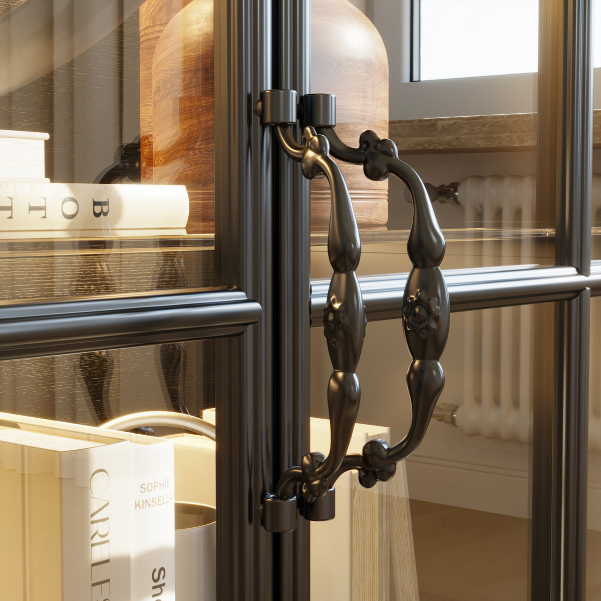 Close-up of a glass door with decorative handle and books inside