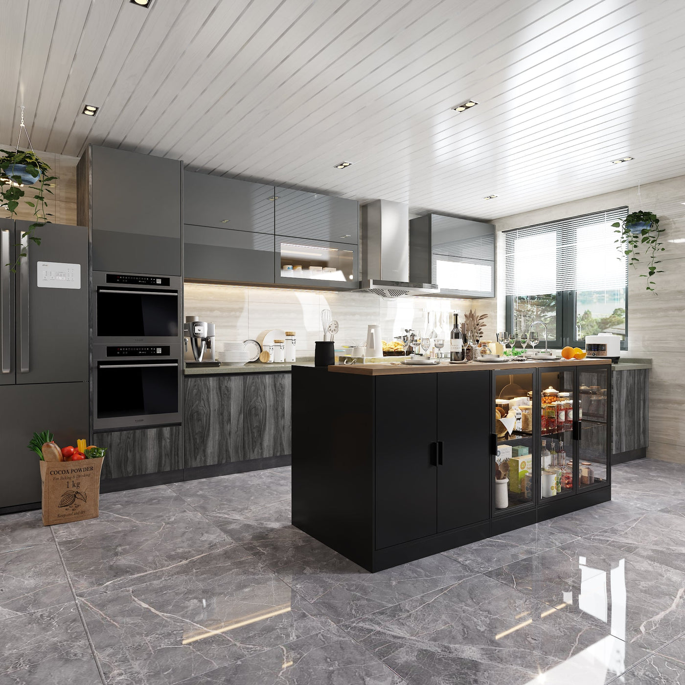 197cm Modern Elegant Black Kitchen Island with Glass Door, 3 Drawers and Lights
