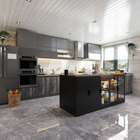 197cm Modern Elegant Black Kitchen Island with Glass Door, 3 Drawers and Lights