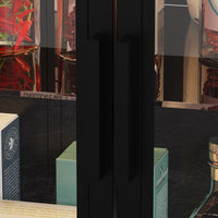 197cm Modern Elegant Black Kitchen Island with Glass Door, 3 Drawers and Lights