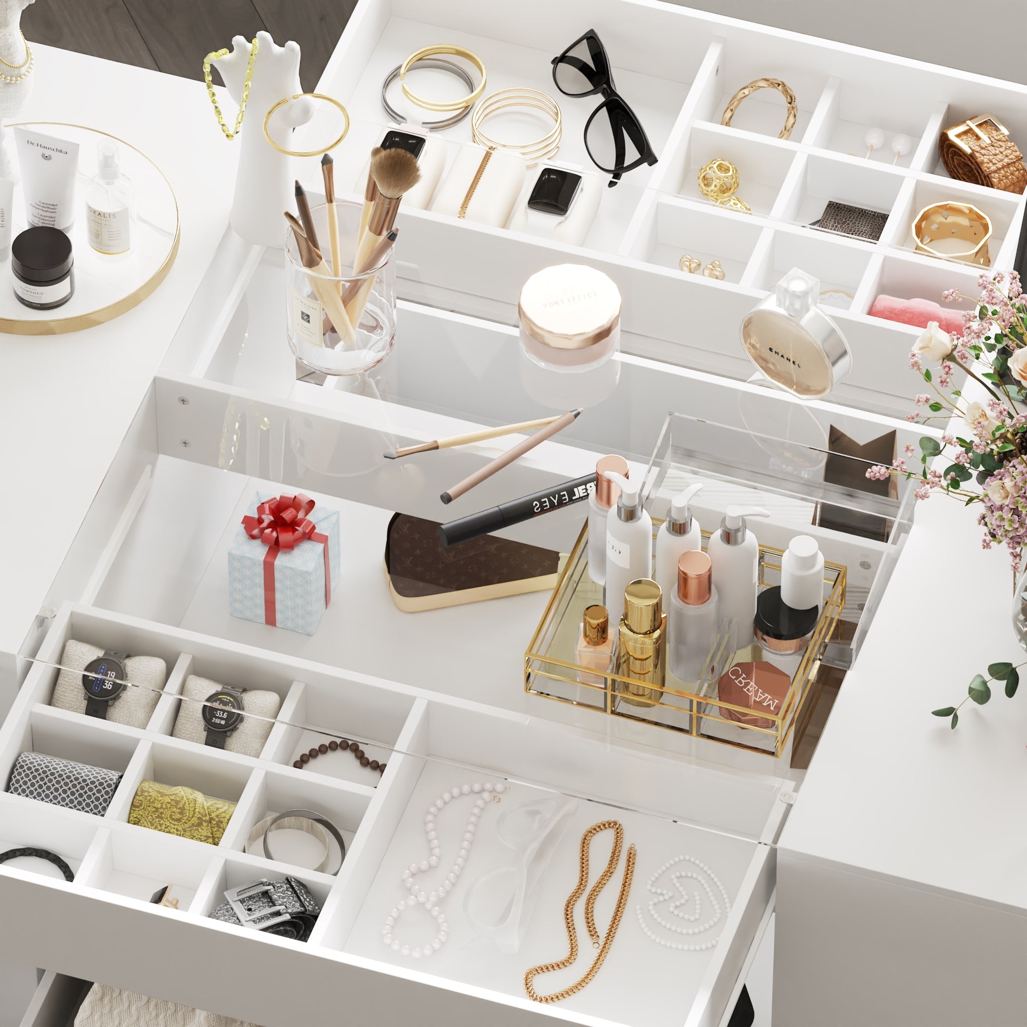 Commode moderne blanche de 157 cm à 14 tiroirs avec plateau en verre trempé