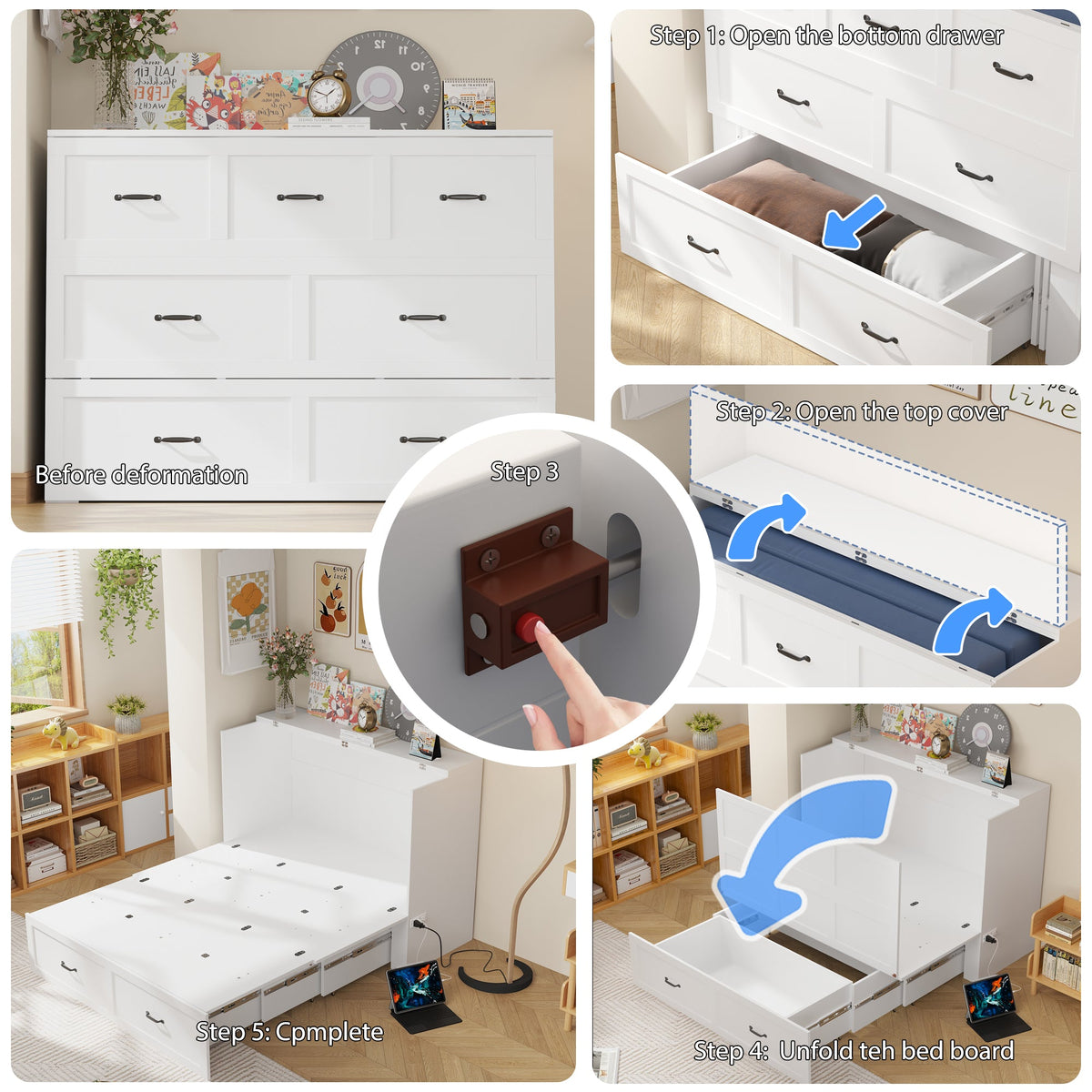 Lit escamotable blanc moderne et minimaliste de 157 cm avec prises électriques