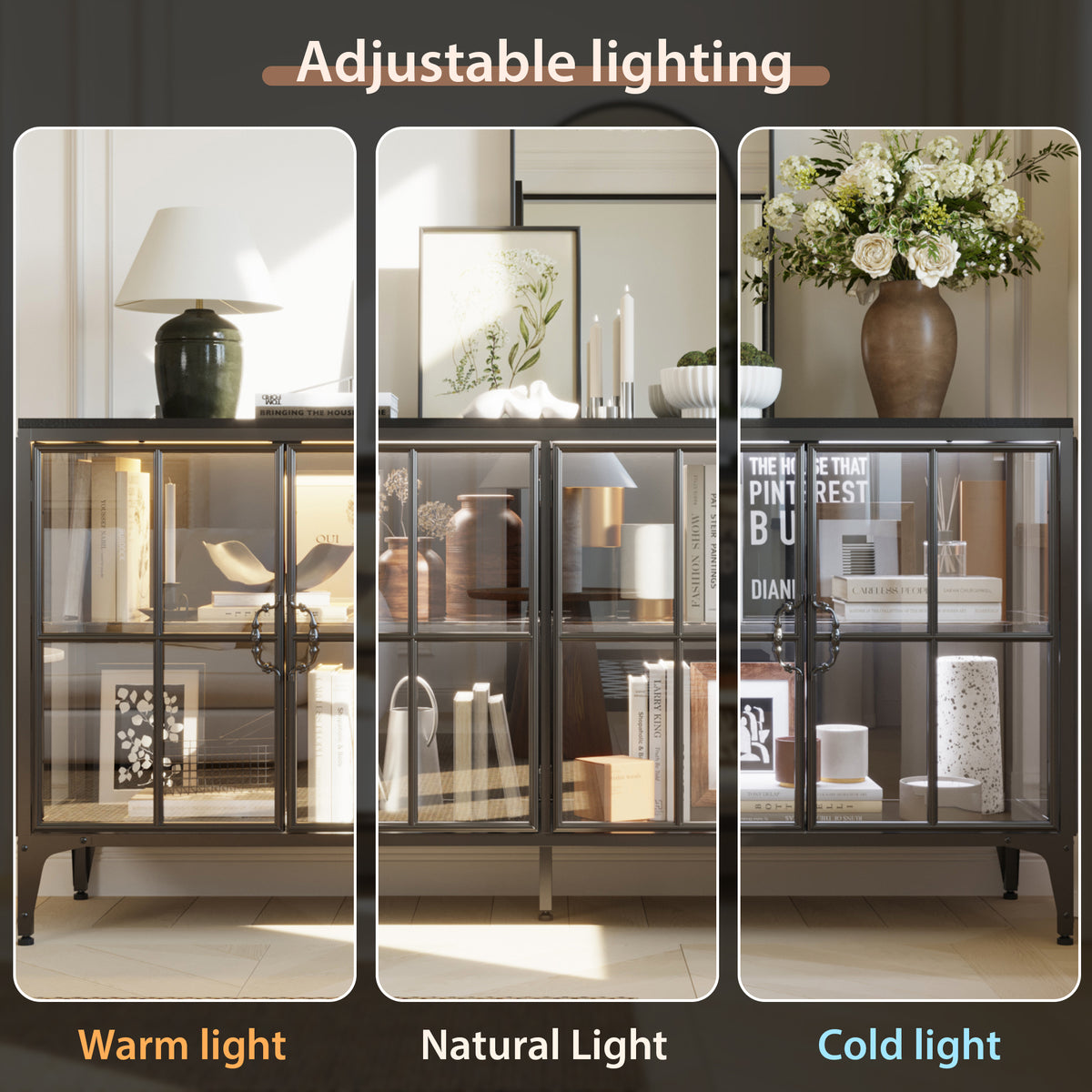 Three views of a glass cabinet with adjustable lighting showing warm, natural, and cold light effects