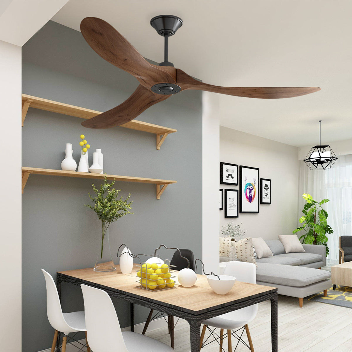 Ventilateur de plafond moderne simple marron de 152 cm avec design aérodynamique en bois