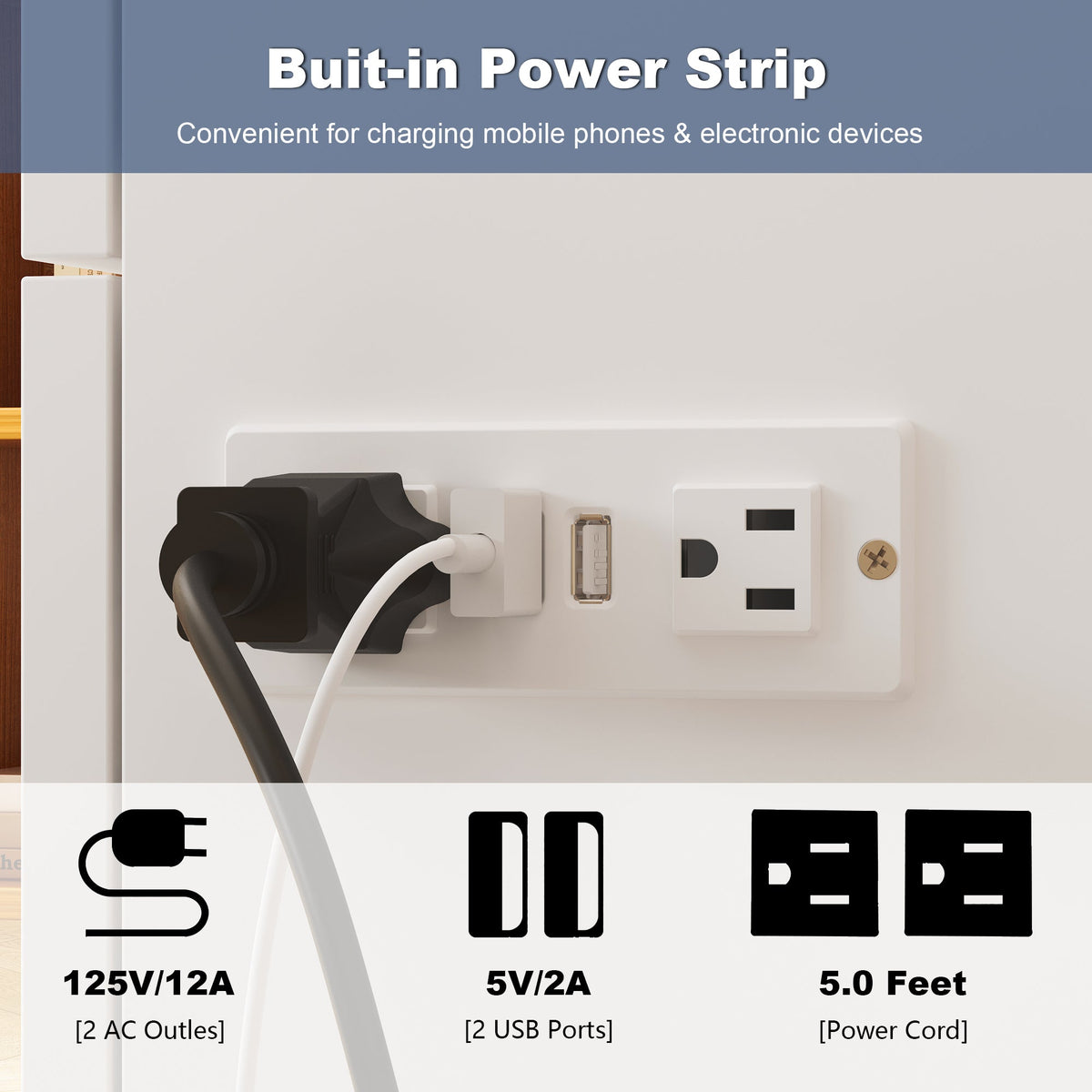 Lit escamotable blanc moderne et minimaliste de 157 cm avec prises électriques
