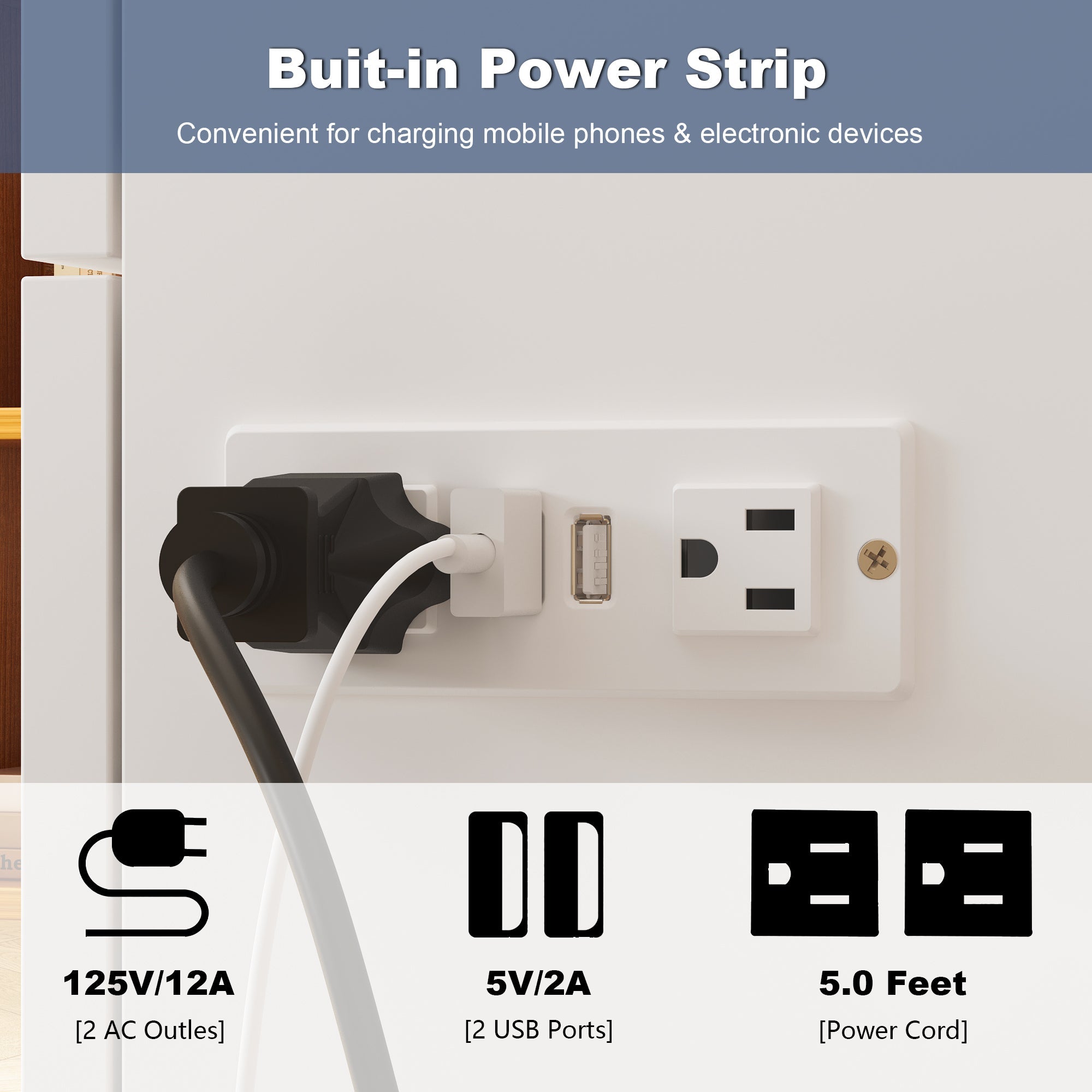 Lit escamotable blanc moderne et minimaliste de 157 cm avec prises électriques