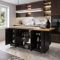 196 cm Modern Black Kitchen Island With Adjustable Shelves And Butcher Block Top