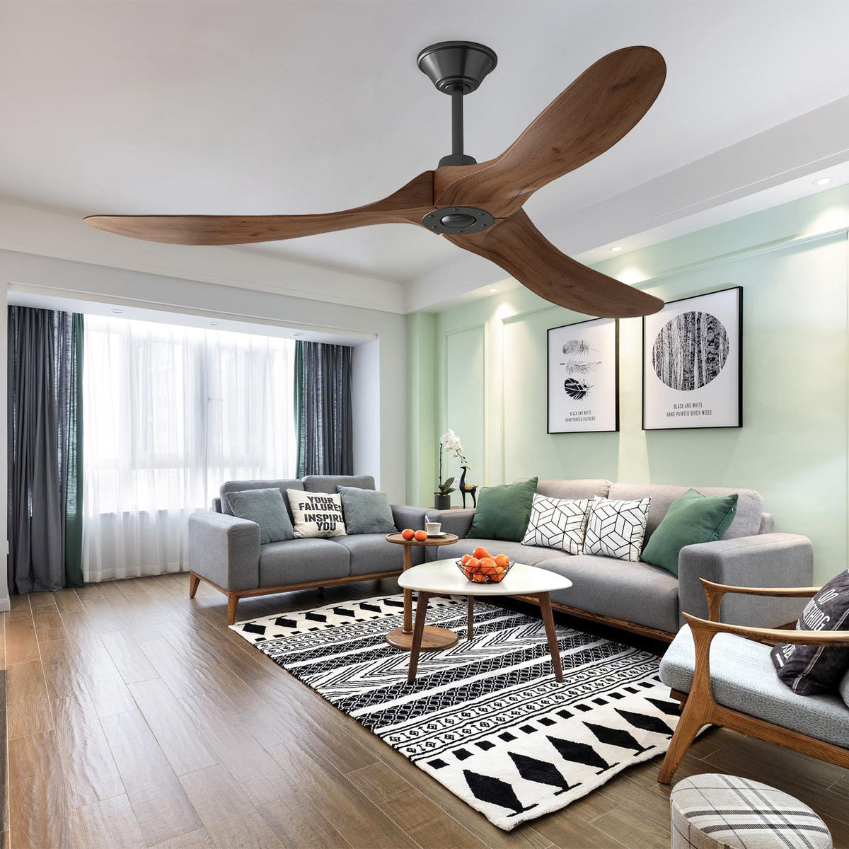 Ventilateur de plafond moderne simple marron de 152 cm avec design aérodynamique en bois