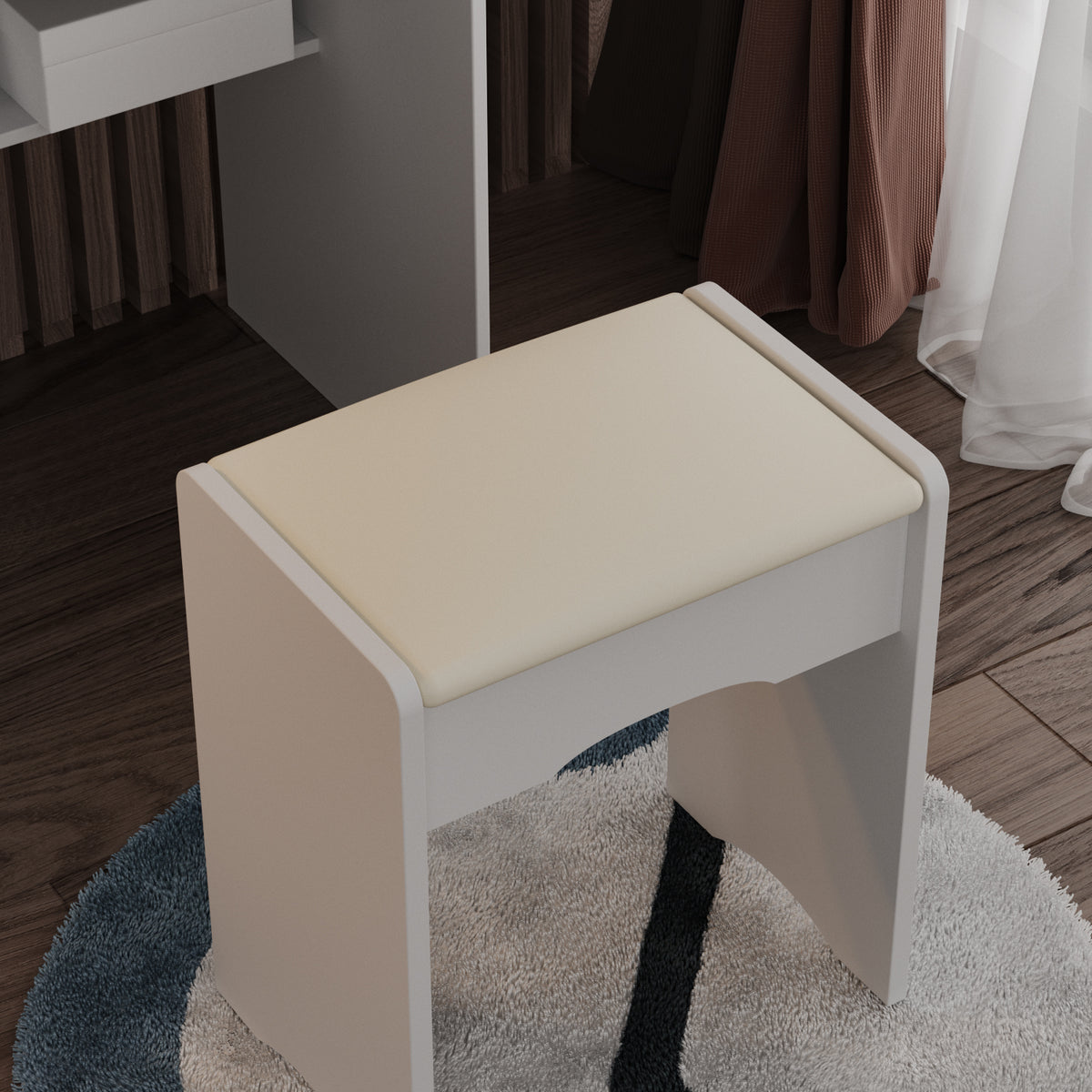 90 cm Modern White/Black Vanity Set with Sliding Mirror, 4 Drawers, Shelves and Cushioned Stool