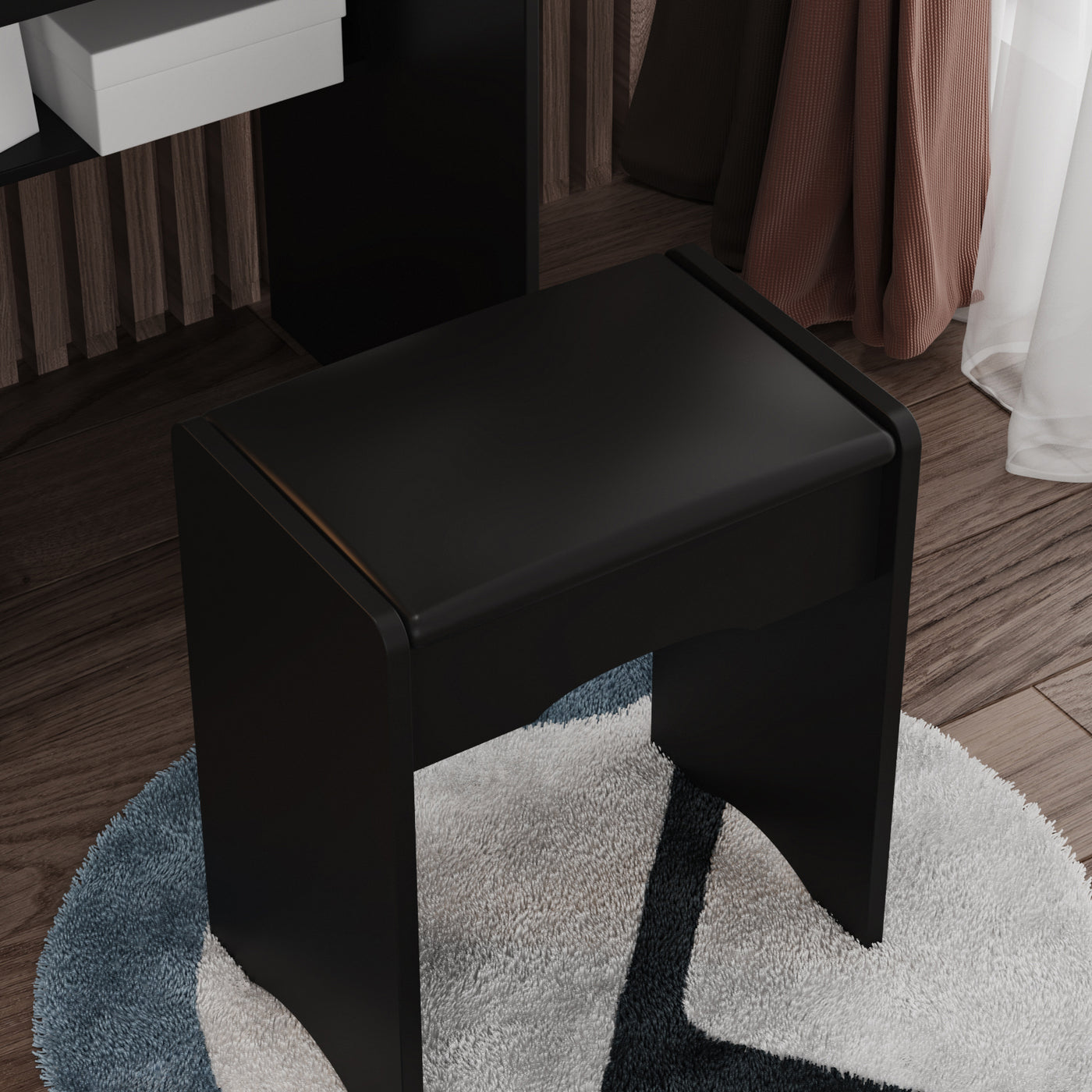 90 cm Modern White/Black Vanity Set with Sliding Mirror, 4 Drawers, Shelves and Cushioned Stool