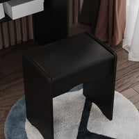 90 cm Modern White/Black Vanity Set with Sliding Mirror, 4 Drawers, Shelves and Cushioned Stool