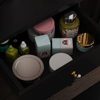 90 cm Modern White/Black Vanity Set with Sliding Mirror, 4 Drawers, Shelves and Cushioned Stool