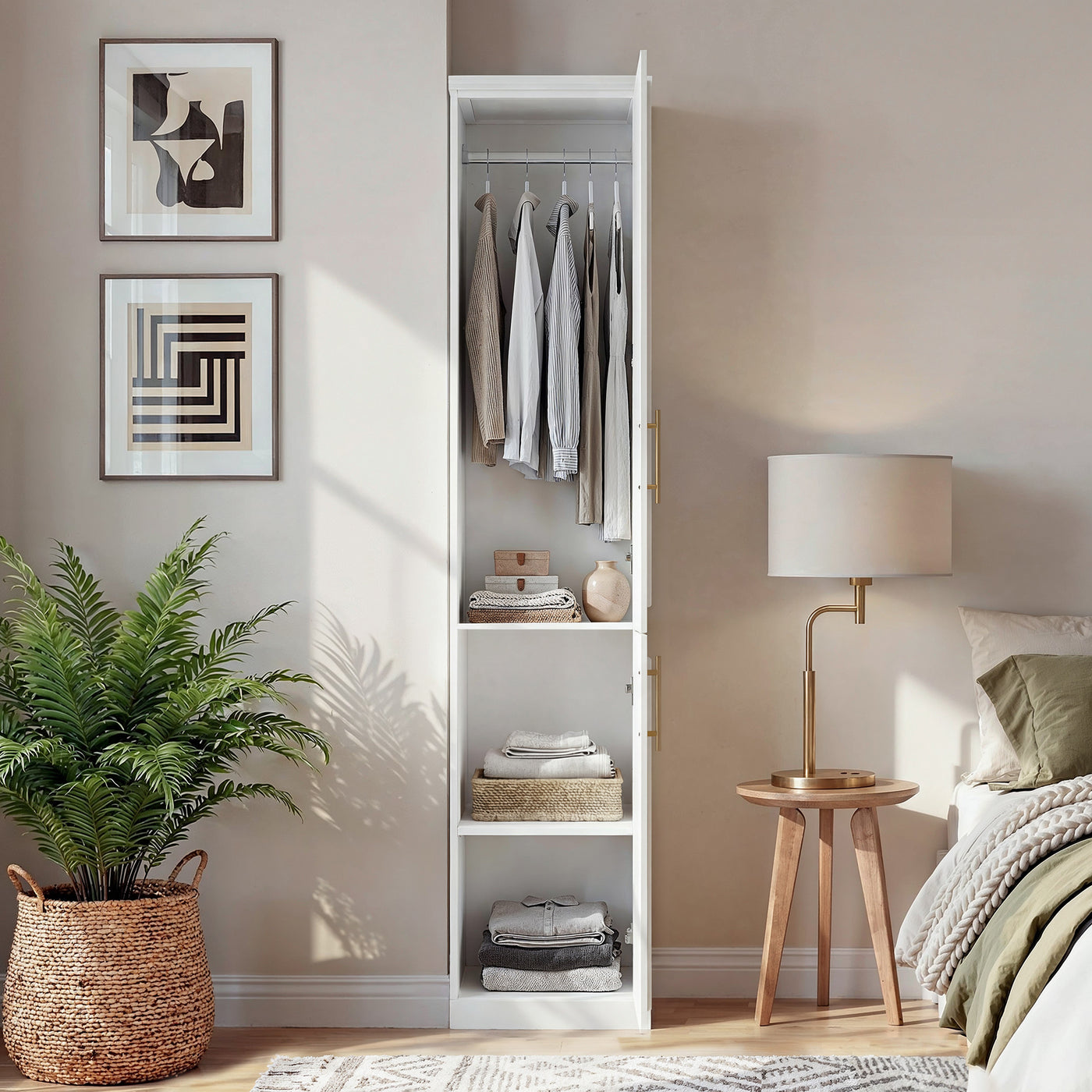 40 cm Modern White Compact Wardrobe with Dual Doors, Golden Handles and Multiple Storage Sections