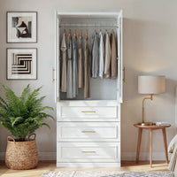 81 cm Modern White Glass Door Armoire with Hanging Rod and 3 Drawers